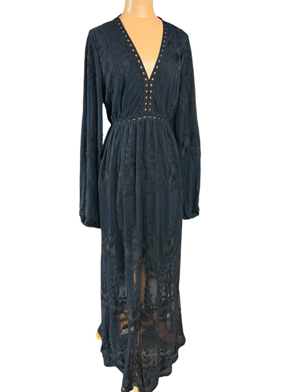 Bohemian Goth,  Embroidered Maxi, Dark Romantic
